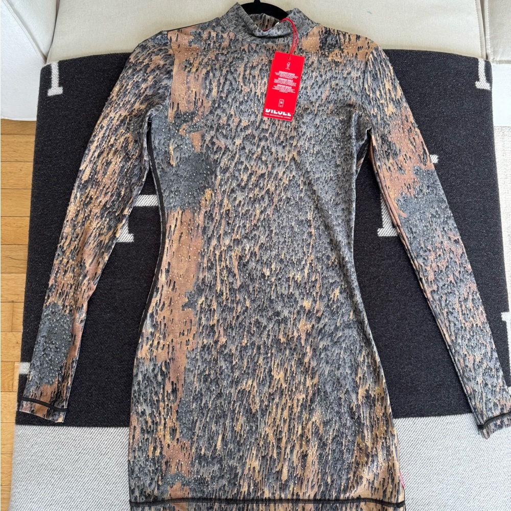 Diesel Long Sleeve Dress in Gray and Tan